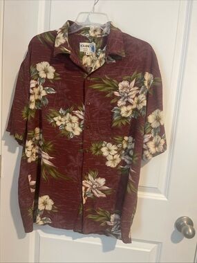 Men's Iolani Burgundy Floral Hawaiian Shirt Vintage XL Loop Collar